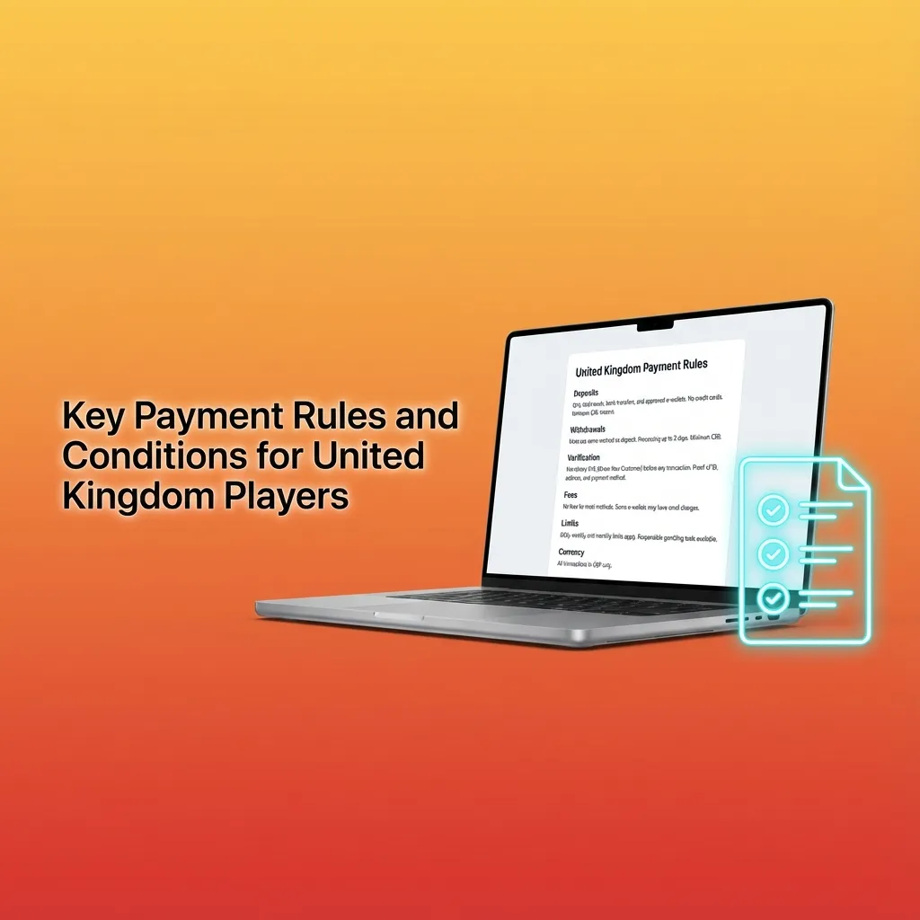Infographic titled “Key Payment Rules for UK Players” with icons for verification, payment methods, withdrawals, bonuses and security.